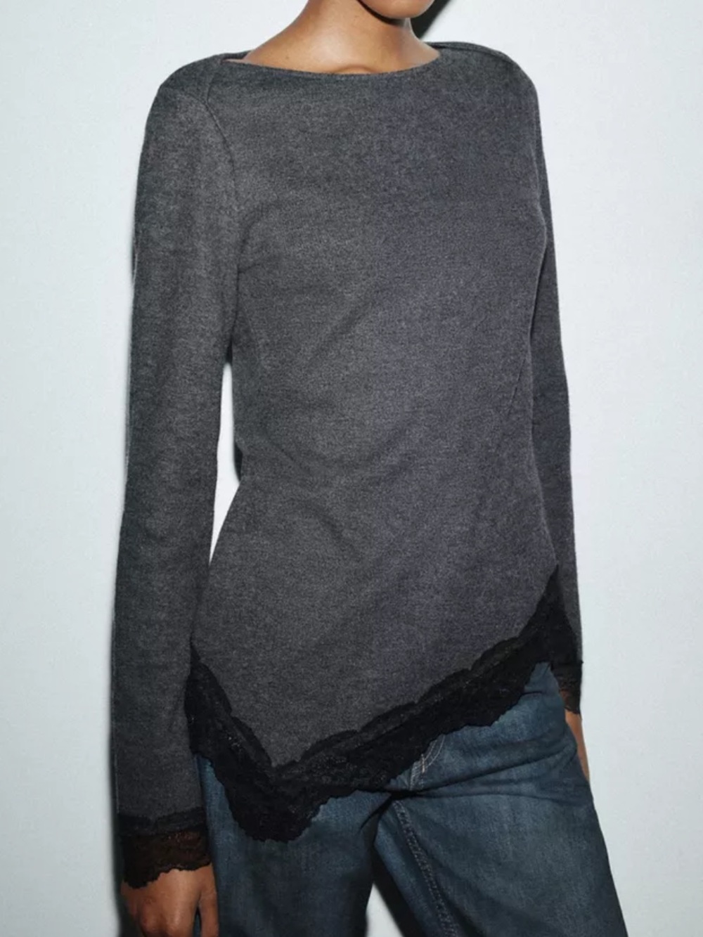 NWT Zara Asymmetrical Hem Grey Lace Shirt